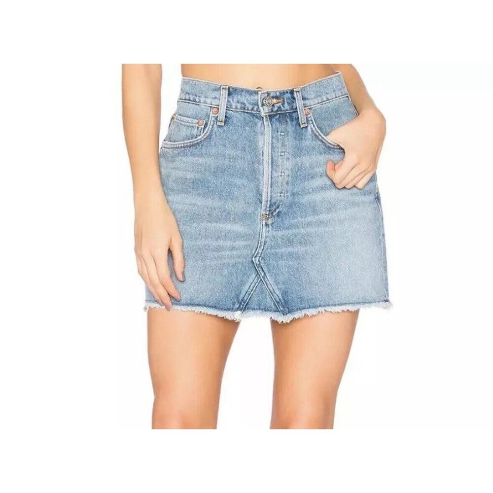 Agolde Jeans Denim Quinn High Rise Mini Skirt Light Distressed Raw Hem Sz 25